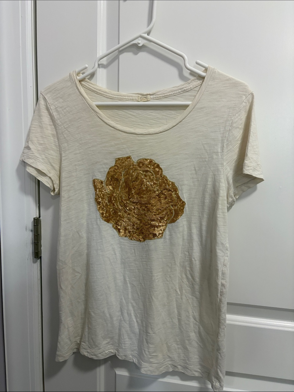 J.Crew Women's Cream Short Sleeve Tee with Gold Sequin Floral Accent
